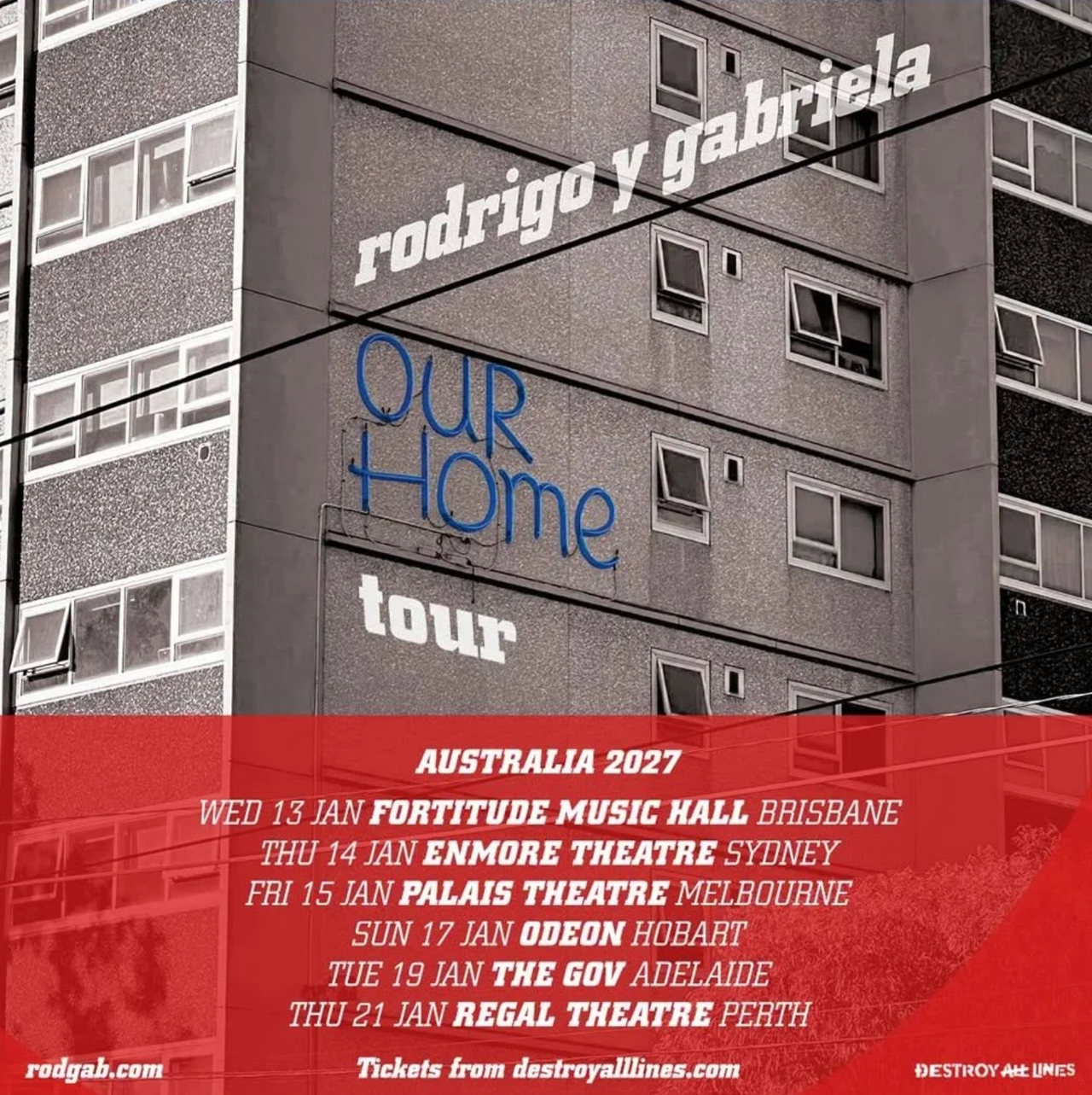 Rodrigo y Gabriela Our Home Australia 2027 tour poster featuring an urban building design and concert dates across red background.